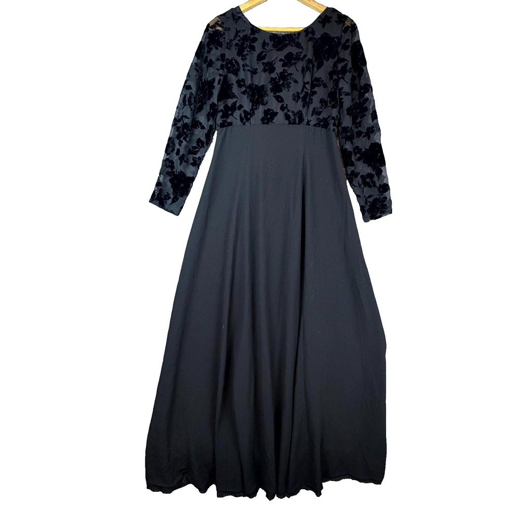 Vintage Jones New York Evening Dress Women 6 Black Velvet Floral Goth Dark Fairy